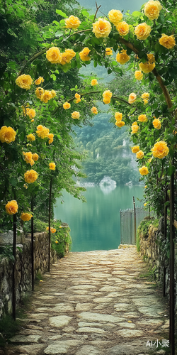 Impressionist Dreamscape of a Misty Lake and Yellow Roses