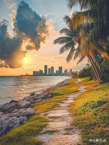 Miami Beach Sunset with Gray Clouds and Skyline View