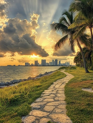 Photo of Miami Beach with gray clouds, the sun is setting and you can see the Miami skyline in the background, a stone path leading to the water, palm trees on the right side, the photo taken from a grassy area near the ocean, in the style of Artist name.