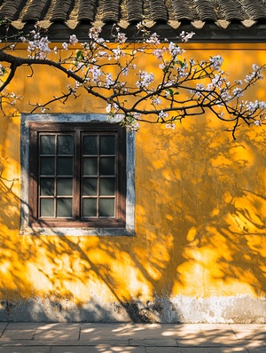 In the ancient town of Jiangnan, under an old eaves tree with yellow walls and blue sky in springtime, sunlight shines through flowers on the wall, creating beautiful shadows. The photographer captured this moment using a Canon camera. This photo was created in the style of award-winning photographers.