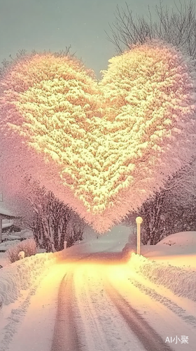 美丽粉红雪景中的爱心树