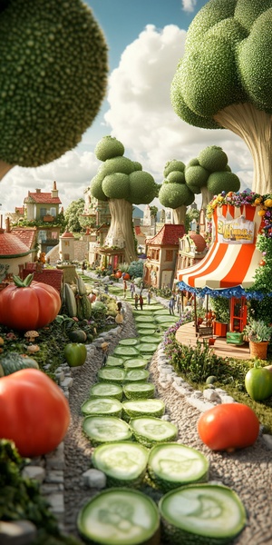 Miniature landscape, town composed of vegetables, shop made of big red pepper, carousel made of mushroom, tree made of western blue flower, road made of cucumber slices, pedestrians walking on the road, c4d, oc rendering, virtual engine, HD 8k