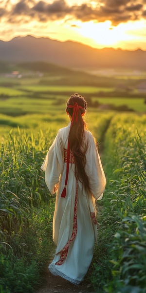 一位美丽的少女，长发上束着红色发带，穿着古装，走在绿草地间的农村乡间小路上。远处闪闪发光的夕阳，映照着她。