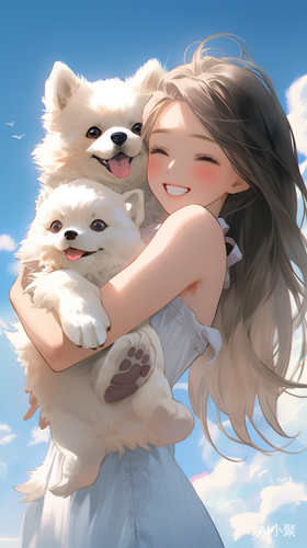 女孩与萨摩耶犬的甜美夏日瞬间