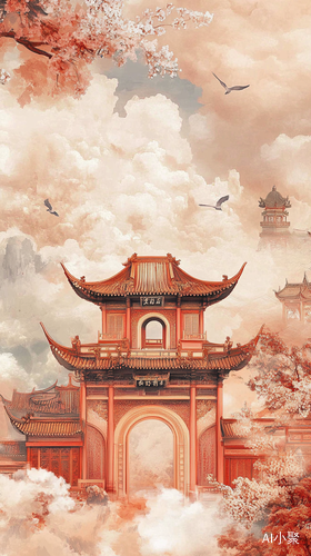 Chinese House in the Sky with Clouds in Light Red and Gold