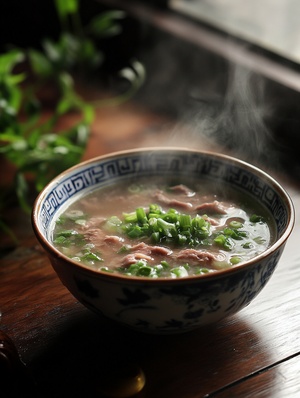 Clear soup beef, the soup is clear and transparent, the soup is sprinkled with green onions, a porcelain soup bowl with delicate and simple patterns, the background is a plane that has just taken off, fine details, realistic, amazing photography, movie lighting effects,ar3∶4