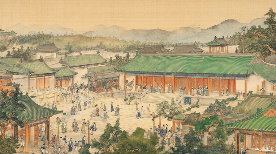 清朝皇宫绘画展现传统服装与建筑细节