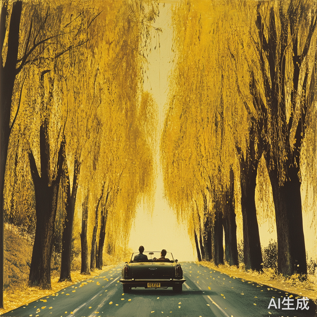 秋日公路旅程垂柳伴行的敞篷车