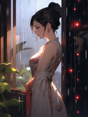 初秋细雨润物无声，旗袍美女立窗前