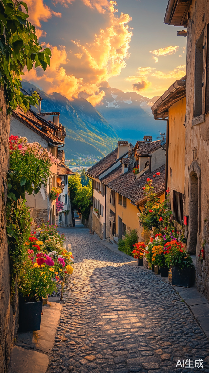 晚霞映瑞士小镇宁静街道梦幻画卷