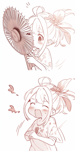 卡通小女孩吹风扇的清凉瞬间