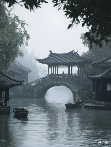 江南水乡烟雨蒙蒙的小桥流水与亭子