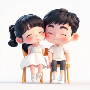 cute girl and cute boy with black hair,sit on chair,white background, wearing a white dress and pearl earrings, smiling happily, cute red cliff style, high quality, high resolution, white background, 3D rendering, blowing kisses to the camera, wearing short sleeves, full-body photo, straight black bangs, pink cheeks, big eyes, fair skin, high ponytail, standing posture, waist. stylize 180 niji 6