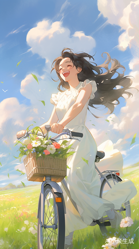 复古自行车上的女孩与五彩花海的幸福瞬间