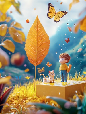 3d scene is created, a cute little boy stands on tiptoe on a tall square box, a kitten snuggles up to the boy's heel, carefully observing the yellow tip of the plant several large dew drops fall from the top of the leaf, the leaf and dew are close-up, surrounded by yellow grass, two butterflies are dancing, super cute clay world, isdistant view, Lovely clay-ice frame animation with lovely peaks, streams, fur-edged grass in the background, brightly colored landscapes, colorful flower fields, turquoise la