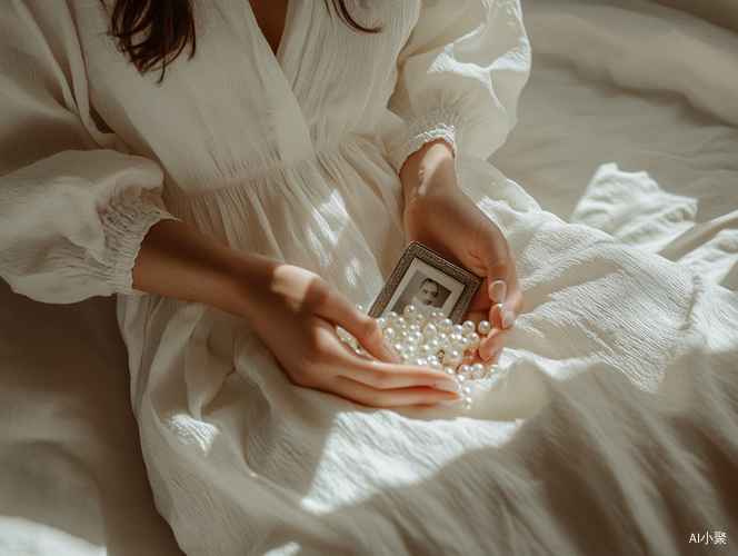 Minimalist Aesthetic of Broken Pearls and a Woman in White Linen