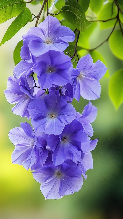 The image features a beautiful bouquet of purple flowers hanging from a tree branch The flowers are in full bloom, displaying a vibrant purple color that contrasts with the green leaves of the tree The close-up view of the flowers highlights their delicate petals and intricate details, making the image visually appealing and captivating The overall scene evokes a sense of natural beauty and tranquility, as the flowers gracefully sway in the breeze