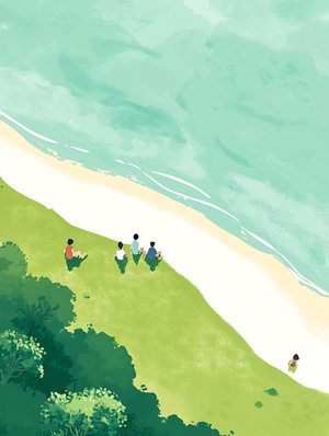 Beach by the sea, several people sitting on grassy areas, light blue and green tones, flat illustrations, top view, vector graphics, minimalist style, simple lines, natural scenery, white space at bottom of picture, by Hayao Miyazaki, children's book illustration style, high resolution, 30k, anime style.painting of sheep grazing in the land, in the style of harmonious color fields, rural china, light magenta and yellow, pentax k1000.terraced cityscapes, ferrania p30, high detail sref