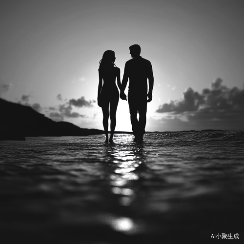 黄昏海边情侣背影牵手黑白高清