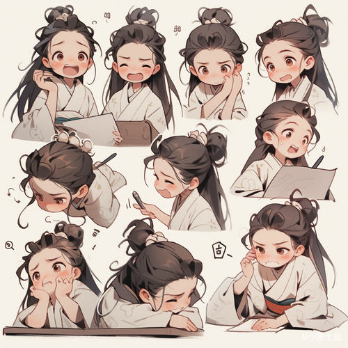 Cute Little Girl in White Robe with Emoticon Expressions and Traditional Design