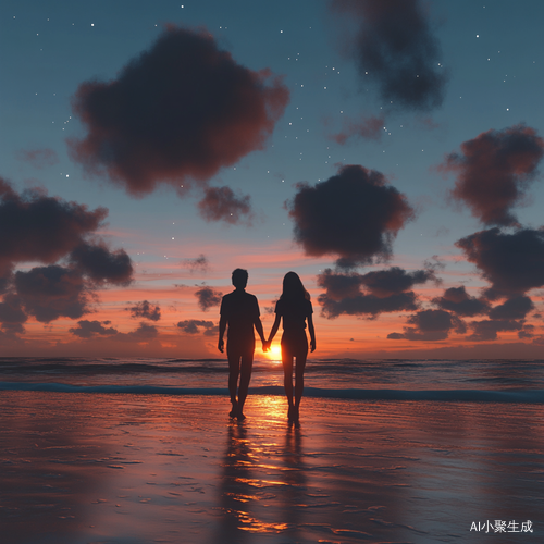 黄昏沙滩情侣牵手背影高清画面