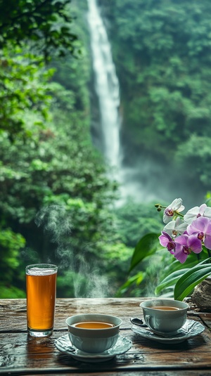 桌上放着一杯茶和两杯饮品,旁边是盛开的兰花。背景是一片绿色森林,还有一张高清拍摄的瀑布照片,描绘了一个真实的风景画面。这个美丽的场景设在中国庐山的山脉中。图片分辨率和质量都很高,瀑布周围有雾,上面有云朵飘动。这张照片捕捉到了从精致茶杯中冒出的中国红茶或白茶的热腾腾蒸汽上升的瞬间,风格类似迈克尔·沙因布鲁姆。