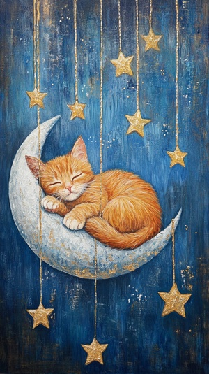 ​​​​​​​​​​​​​​​​​​​​​​​​​​​​​​​​​​​​​​​​​​​​​​​Oil painting art, Van Gogh style. A cute orange cat is sleeping on a silver moon, surrounded by golden stars hanging by thin strings. Blue background with gold accents and silver glitter. At night, the stars shine and create a mysterious atmosphere. wide angle