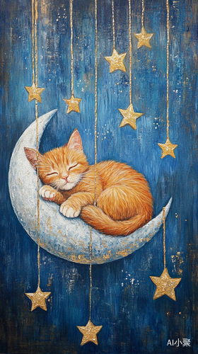 Van Gogh Style Oil Painting of Sleeping Cat on Silver Moon