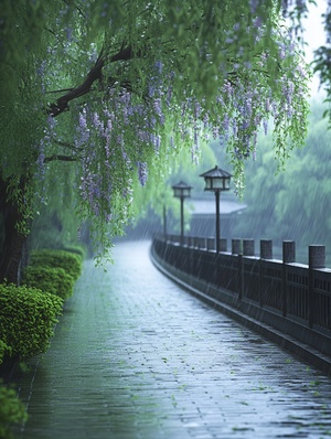 undefined i need spring heavy rain and fog, jiangnan landscape, one side of the willow hanging, one side of the flowers in full bloom, winding lakeside path, railings on both sides of the road, green flowers, wet road with stagnant water, a small hall, close-up, depth of field, super high definition, beautiful picture healing, wide-angle lens, super high resolution. stylize 300