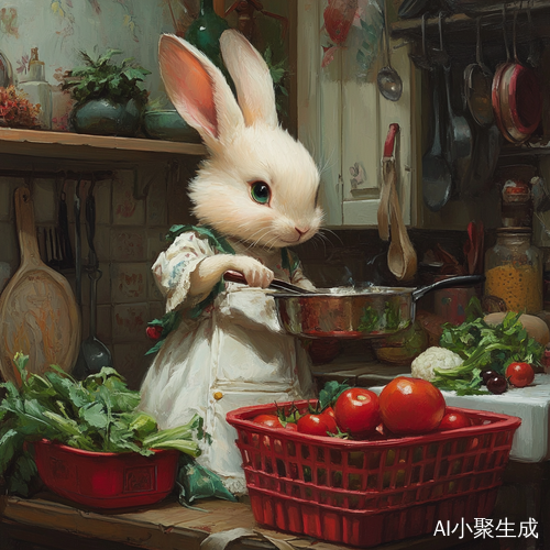 小兔子女孩在厨房制作美味健康菜肴