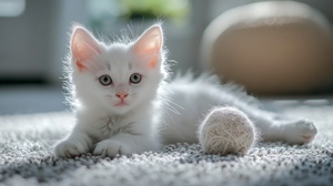 一只白色可爱的小猫咪。躺在毛茸茸的地毯上面。猫咪的旁边有一只毛线球，超高清超高清特写。