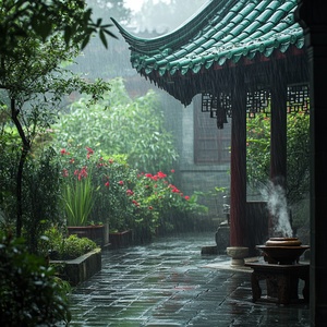 下雨的中式庭院，青石小径被雨水湿润，墨绿色的竹子摇曳，古色古香的亭子旁，青瓦屋顶流淌着细雨，庭院深处的红色花朵点缀，石桌上放着一壶热茶，空气中弥漫着泥土和花香，雨滴轻吻着飘渺的云朵，营造出一幅静谧而优雅的画面。