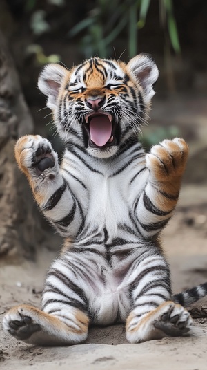 A photo of an adorable tiger cub sitting on its hind legs, sticking out its tongue and making funny faces. ar 11:20