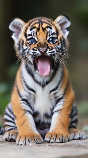 A photo of an adorable tiger cub sitting on its hind legs, sticking out its tongue and making funny faces. ar 11:20