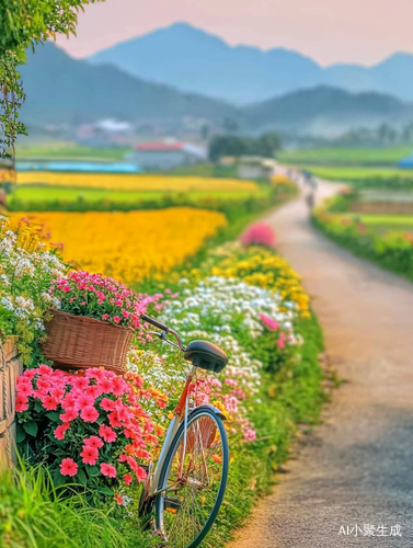 乡间小道上美丽花草和晴朗天空的自行车休闲