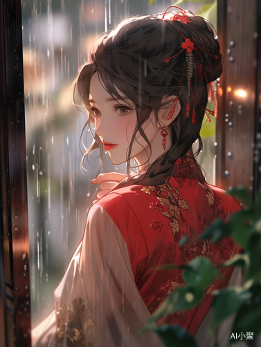 初秋细雨中旗袍美女倚窗而立