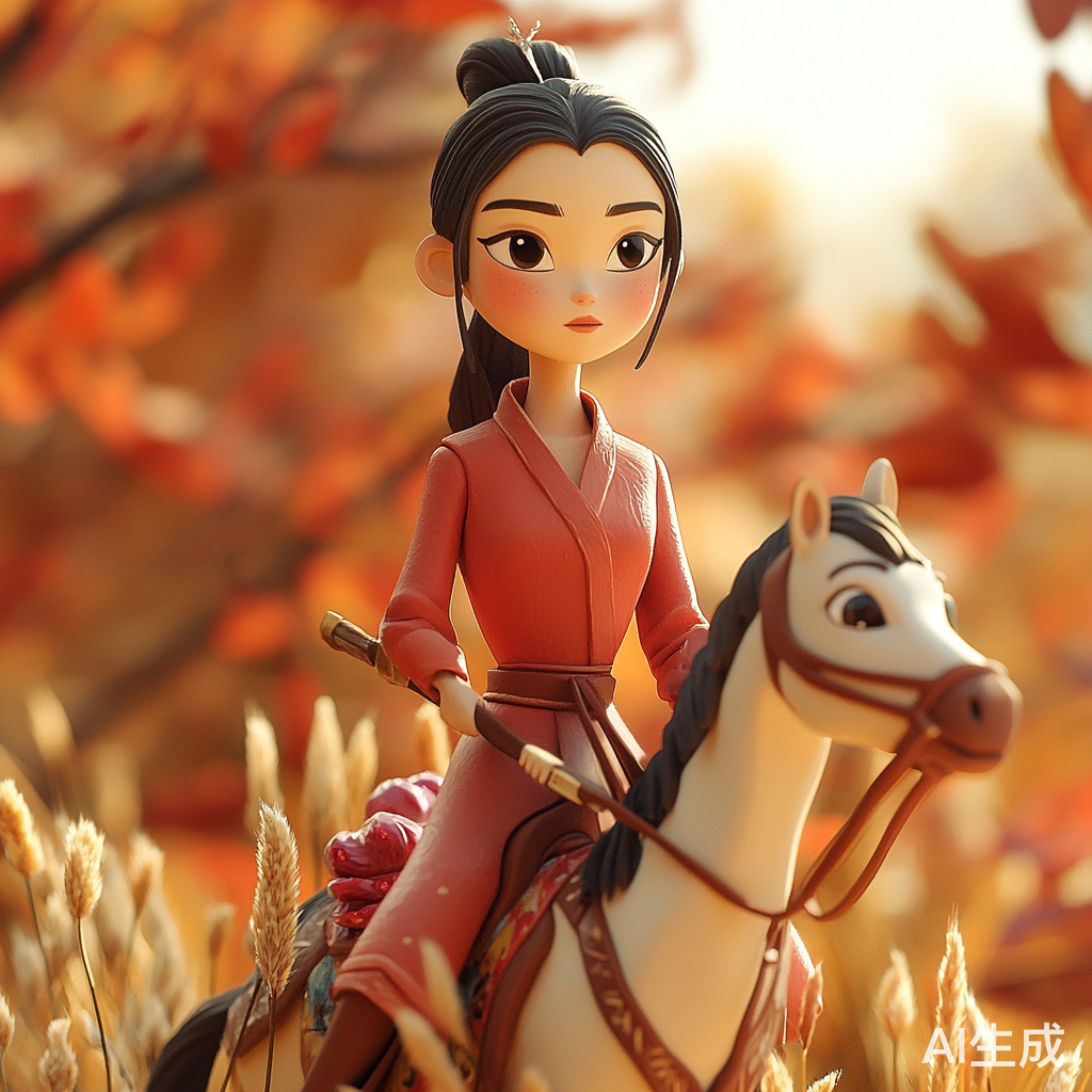 秋天树林中的高瘦女孩骑马战斗姿态