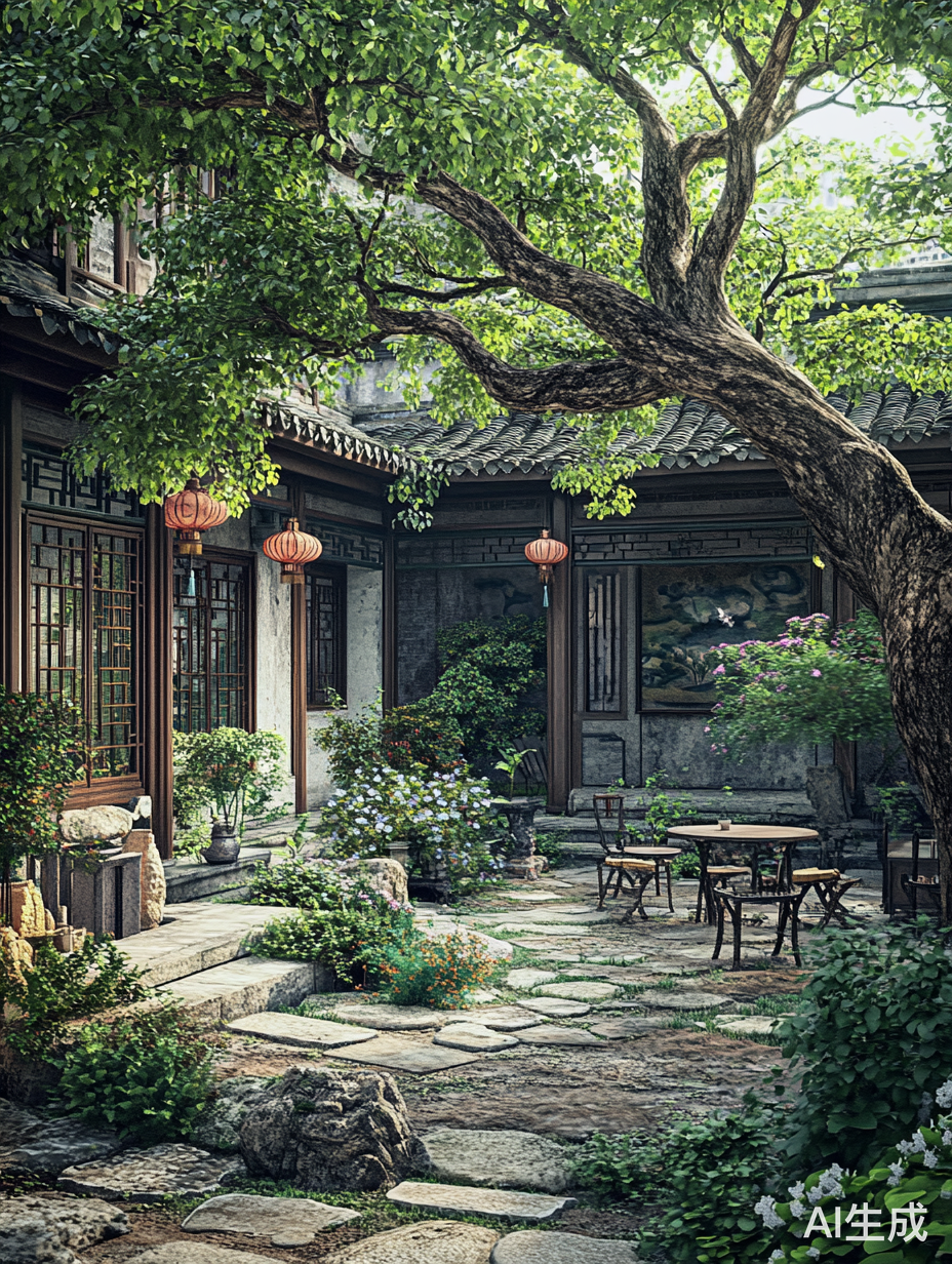 唯美中式庭院灯笼大树假山小池景观