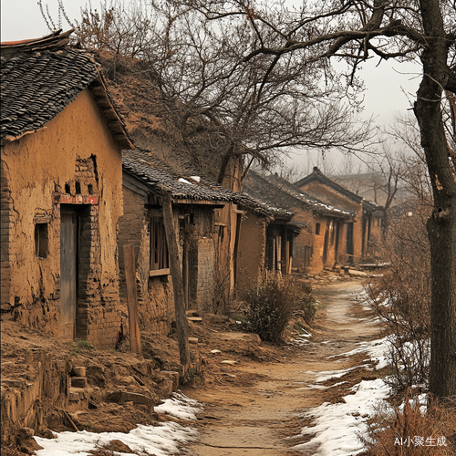 雪景下的破旧农村村庄与泥土房子