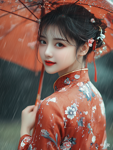 初秋细雨中的旗袍美女微笑高清图