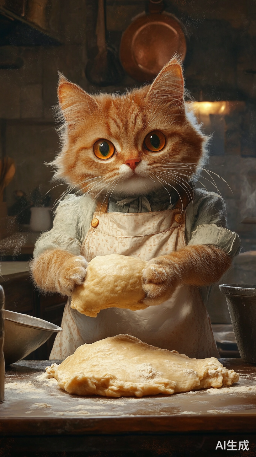 猫咪穿围裙在厨房揉面