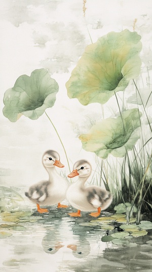 In the style of a Chinese painting, the scene depicts light green plants with two ducklings in the water. The ducklings appear to be wearing .