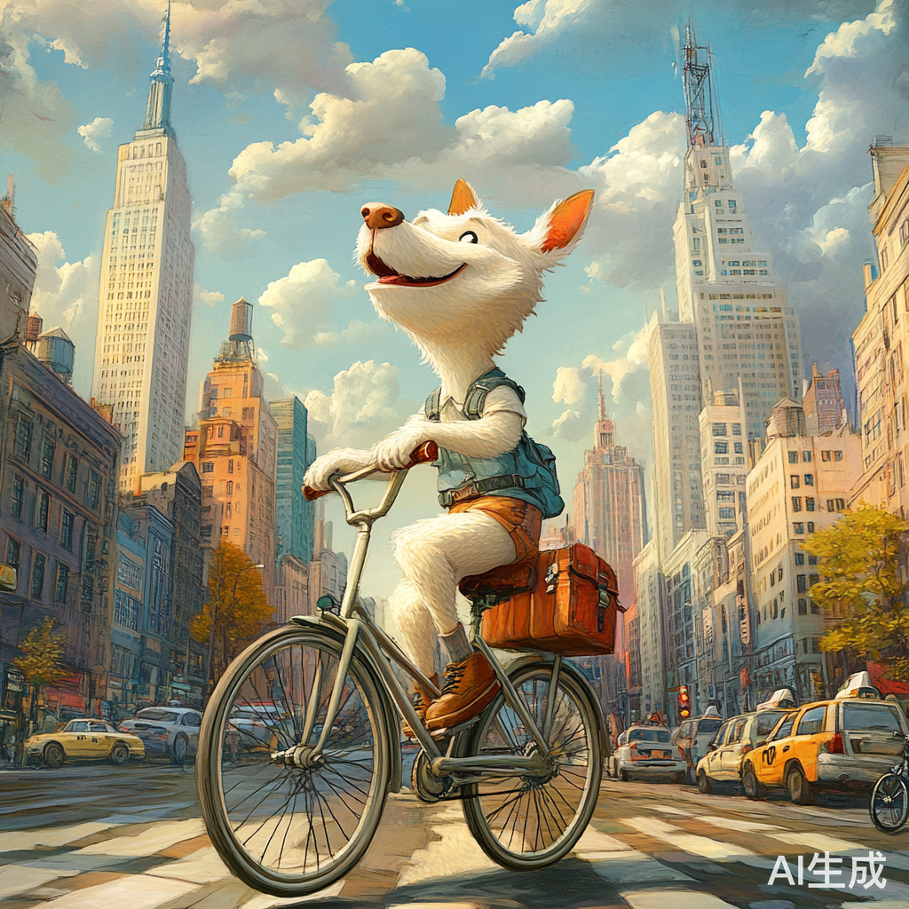 狗骑自行车穿行闹市高楼大厦间