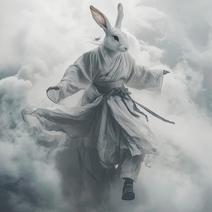 anthropomorphic rabbit Wearing a Hanfu robe and boots，Chinese classical clothing, minimalist style, cold temperament， high-end design style，A tall figure，Full body，Walking In The Air，Cloud and mist entanglement，Horsehead，anthropomorphic，Artistic runway show,Long Shot，White gray color tone，Mysterious feeling, mythological legend，Capture dynamic shots of runway shows，16K chaos 40 stylize 750