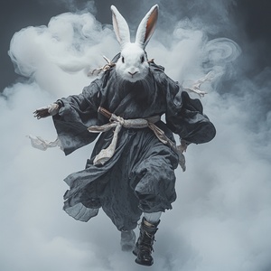 anthropomorphic rabbit Wearing a Hanfu robe and boots，Chinese classical clothing, minimalist style, cold temperament， high-end design style，A tall figure，Full body，Walking In The Air，Cloud and mist entanglement，Horsehead，anthropomorphic，Artistic runway show,Long Shot，White gray color tone，Mysterious feeling, mythological legend，Capture dynamic shots of runway shows，16K chaos 40 stylize 750