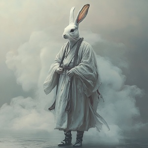 anthropomorphic rabbit Wearing a Hanfu robe and boots，Chinese classical clothing, minimalist style, cold temperament， high-end design style，A tall figure，Full body，Walking In The Air，Cloud and mist entanglement，Horsehead，anthropomorphic，Artistic runway show,Long Shot，White gray color tone，Mysterious feeling, mythological legend，Capture dynamic shots of runway shows，16K chaos 40 stylize 750