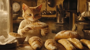 live-action, HD, 8k, (realistic craftsmanship:1.3), 1cat(anthropomorphic, skillfully shaping baguettes, dusted with flour), capturing the art of baguette making with precision and car