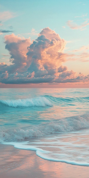 A serene beach scene at sunset, with pastel-colored waves gently lapping against the shore and soft clouds in the sky reflecting on the calm waters. The background is a tranquil sea of turquoise blue and pink hues, creating an atmosphere that evokes peace and serenity.