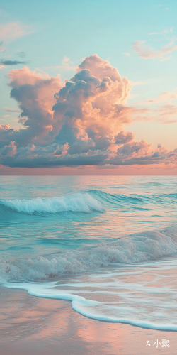 Serene Beach Scene at Sunset with Pastel Waves and Tranquil Sky