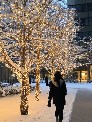 傍晚时分,日本的一座办公楼外下着雪,圣诞灯饰和装饰品点缀其间。一位戴着耳机的女士用她的iPhone 7手机拍下了这一幕。照片是从她背后拍摄的,捕捉到了那棵树木。这是一张全身照。她旁边应该有一些白沙。她穿着黑色裤子和夹克。我离那个人大约有两米远。他们面前有一棵装饰着圣诞灯的松树。这棵松树可以展现他们的整体形象,风格是装饰着圣诞灯的松树。